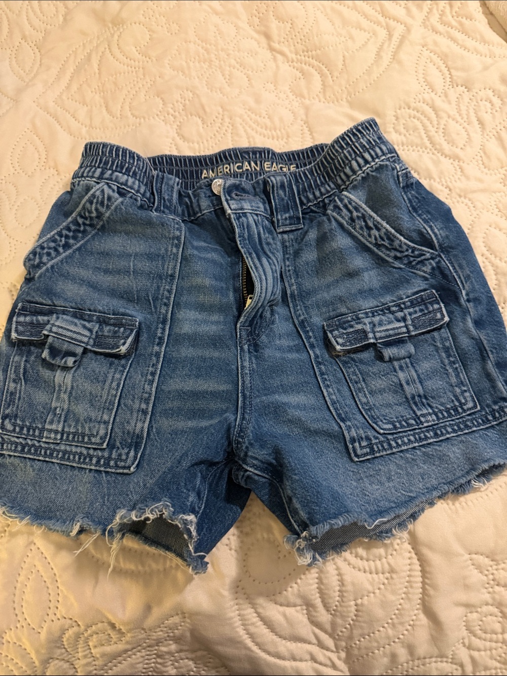 American Eagle Outfitters Medium Blue Denim Cargo Shorts with Raw Hem